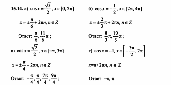 Задачник, 10 класс, А.Г. Мордкович, 2011 - 2015, Глава 3. Тригонометрические уравнения, § 15 Арккосинус. Решение уравнения cos t=a Задание: 15.14