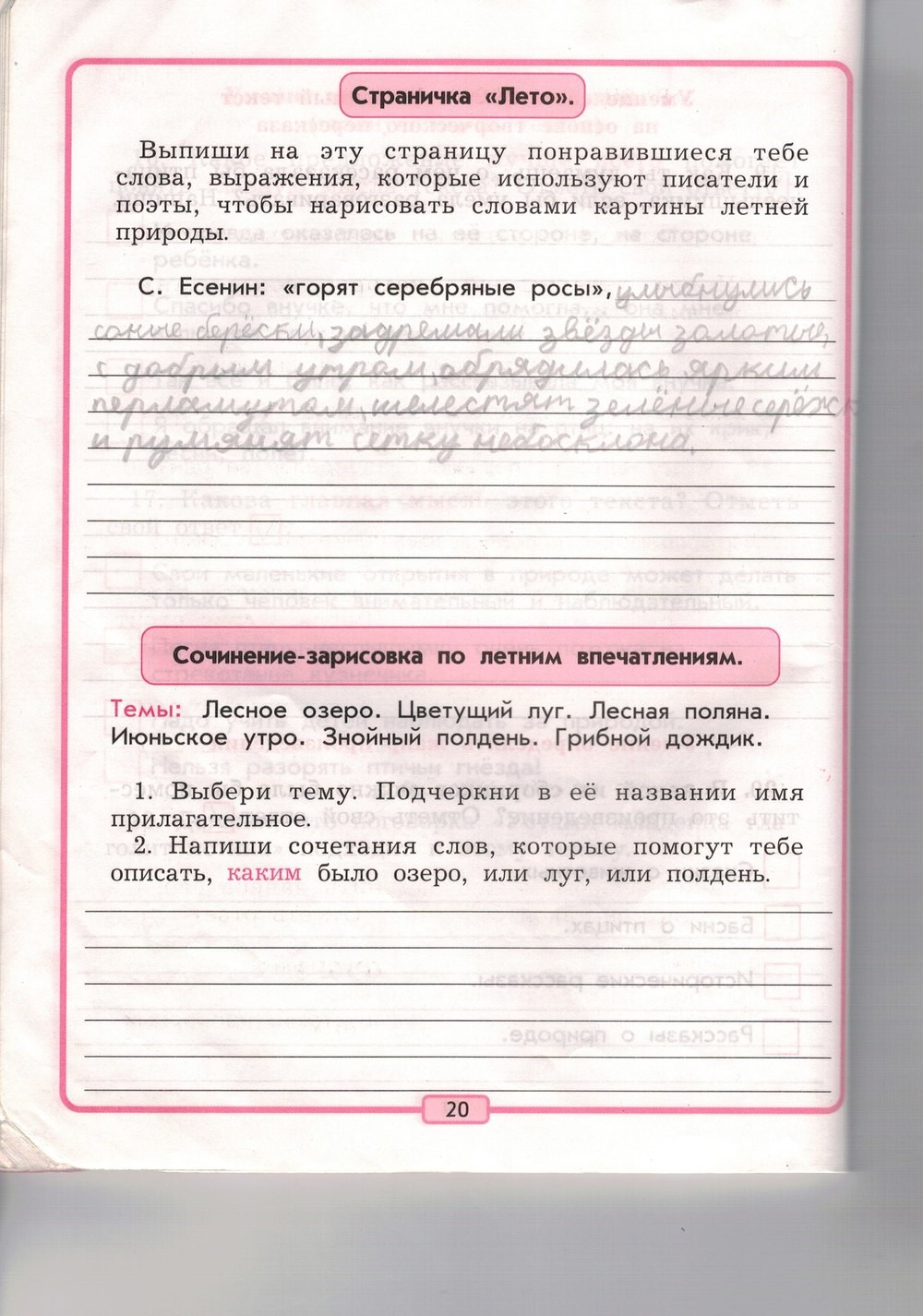 Рабочая тетрадь, 3 класс, Р.Н. Бунеев, Е.В. Бунеева, 2014, задание: стр. 20