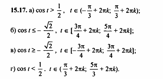 Задачник, 10 класс, А.Г. Мордкович, 2011 - 2015, Глава 3. Тригонометрические уравнения, § 15 Арккосинус. Решение уравнения cos t=a Задание: 15.17