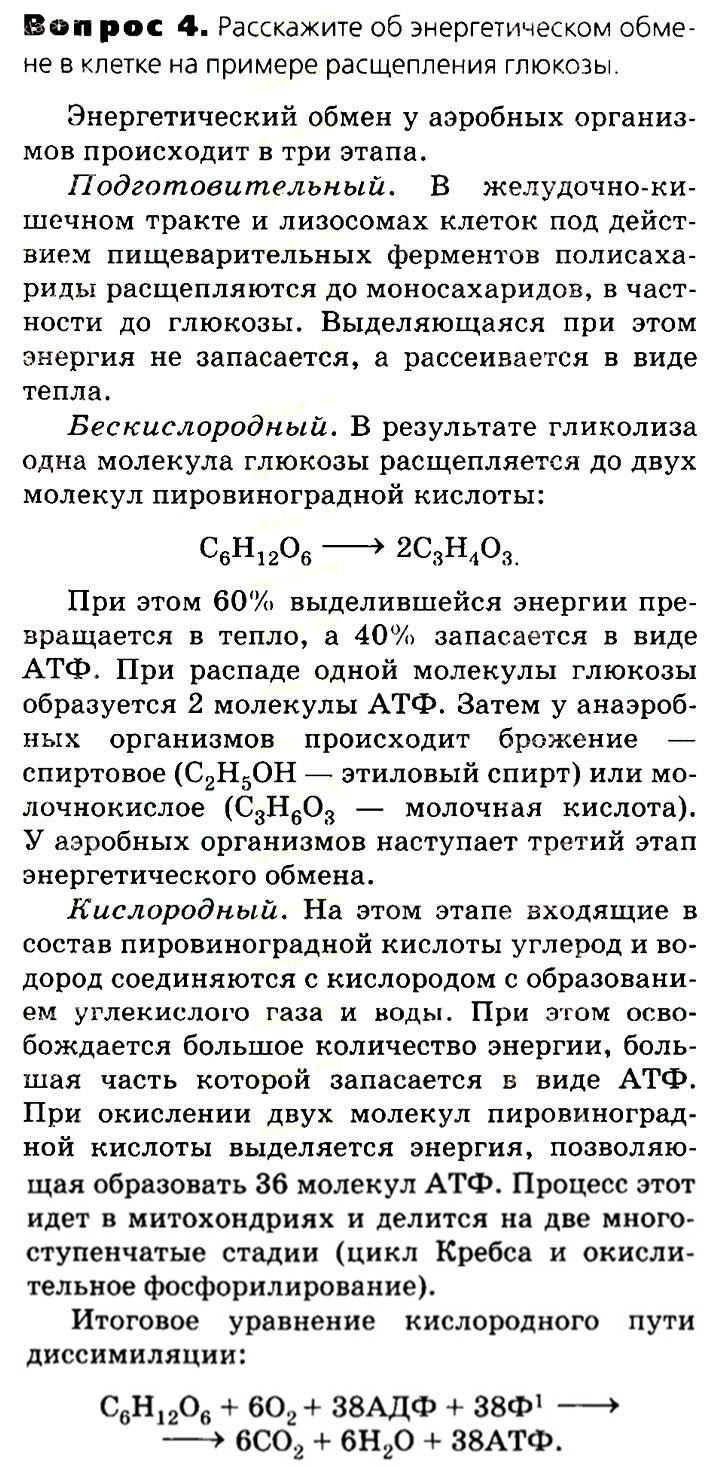 Биология, 11 класс, Сивоглазов, Агафонова, 2011-2014, Глава 3. Организм, Задача: §3.2. Обмен веществ и превращение энергии. Энергетический обмен, Вопрос 4.