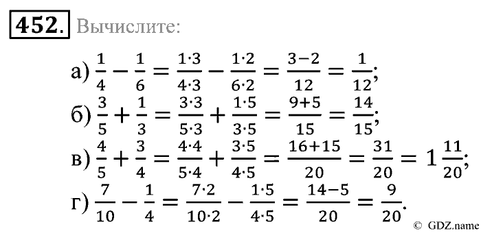 Математика, 5 класс, Зубарева, Мордкович, 2013, §24. Сложение и вычитание обыкновенных дробей Задание: 452