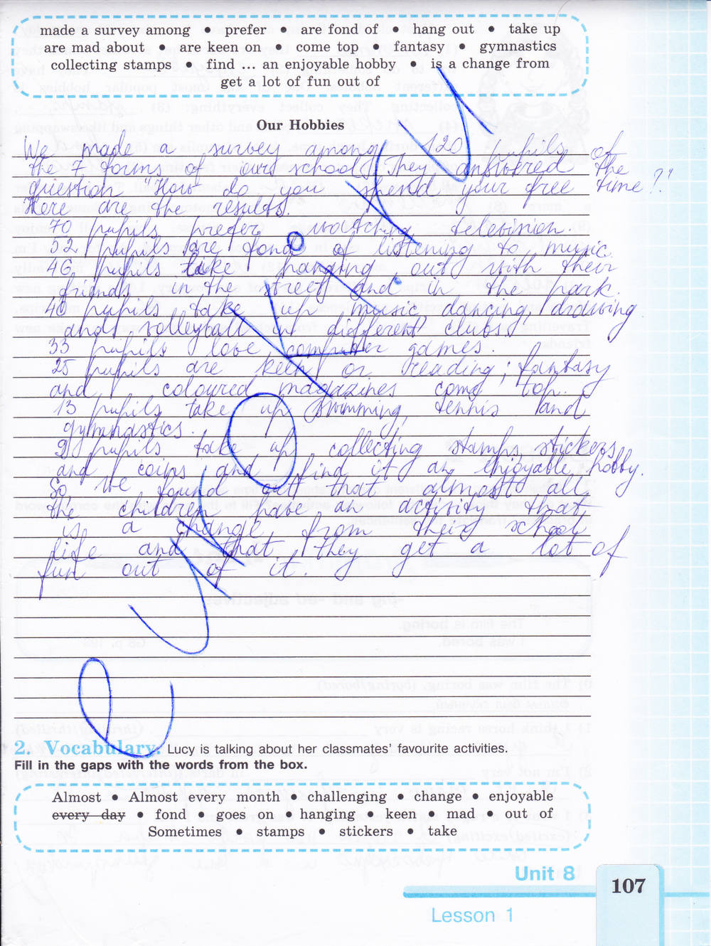 Рабочая тетрадь (нумерация страниц не совпадает на 2 стр. со старым изданием), 7 класс, Кузовлев В.П., 2014 - 2015, задание: Стр. 107