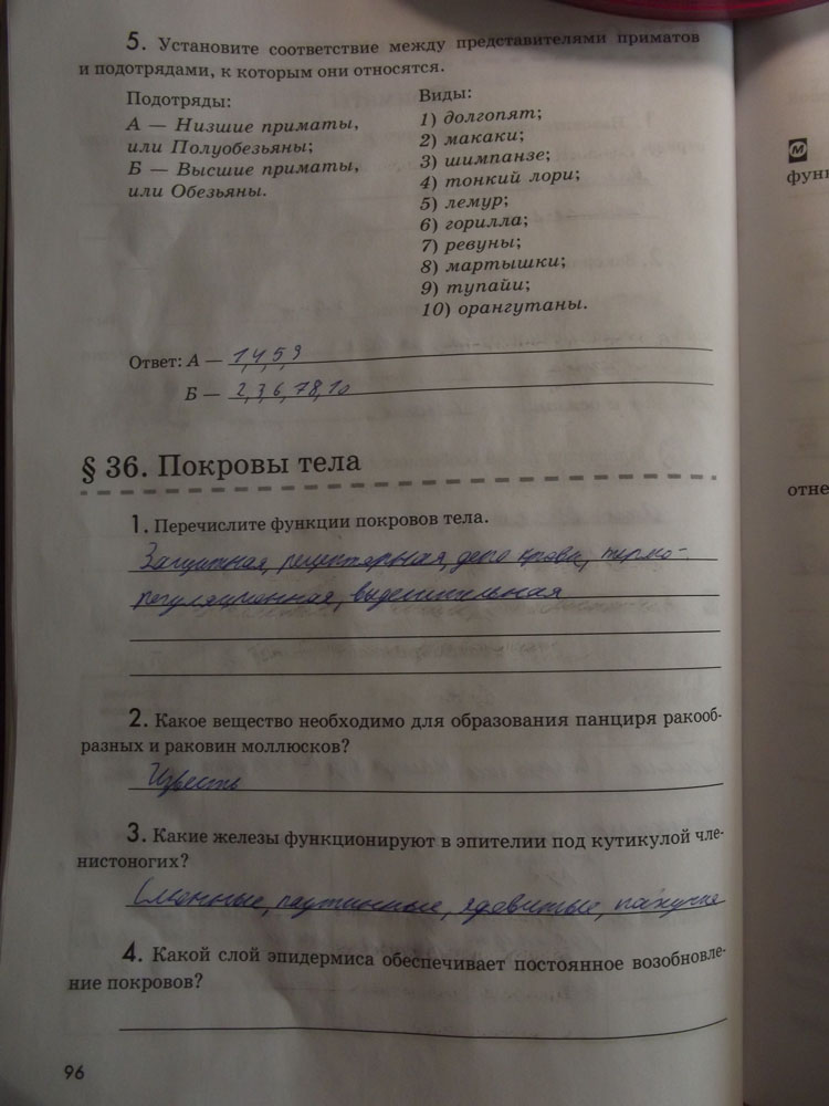 Рабочая тетрадь. Животные, 7 класс, Латюшин, Ламехова, Шапкин, 2016, задача: стр. 96