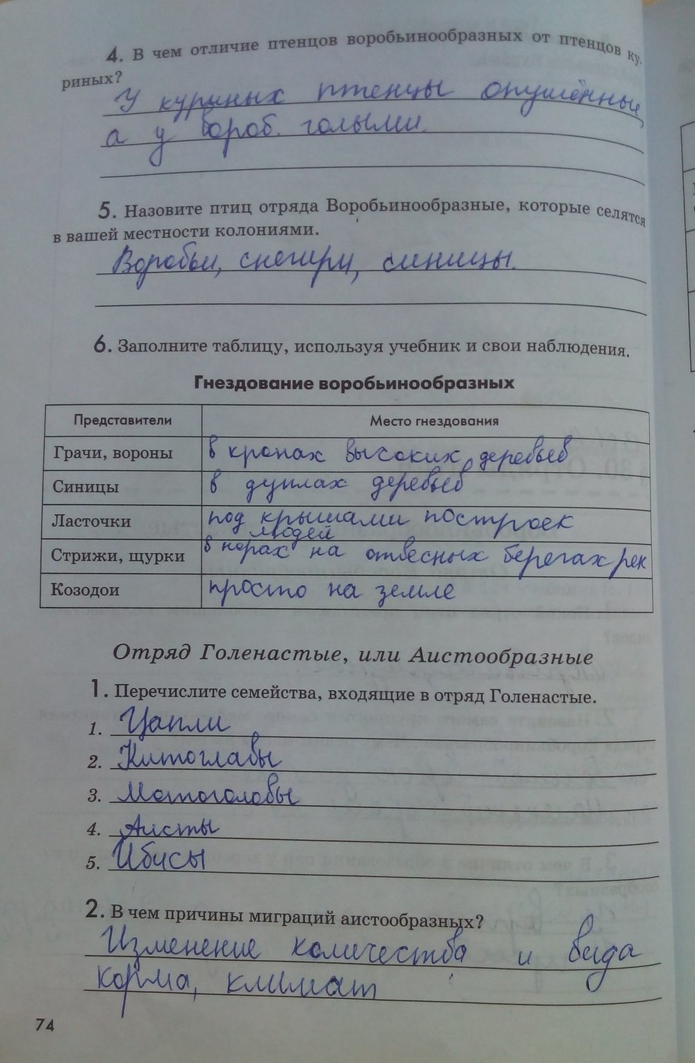 Рабочая тетрадь. Животные, 7 класс, Латюшин В. В., Ламехова Е. А., 2011, задание: стр. 74