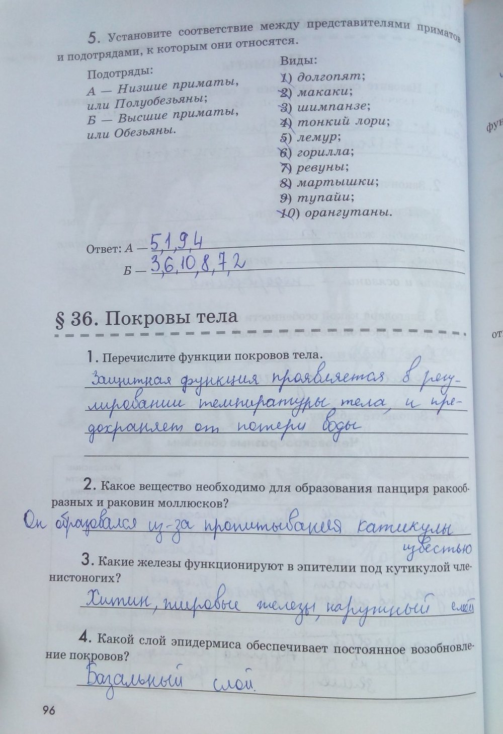 Рабочая тетрадь. Животные, 7 класс, Латюшин В. В., Ламехова Е. А., 2011, задание: стр. 96