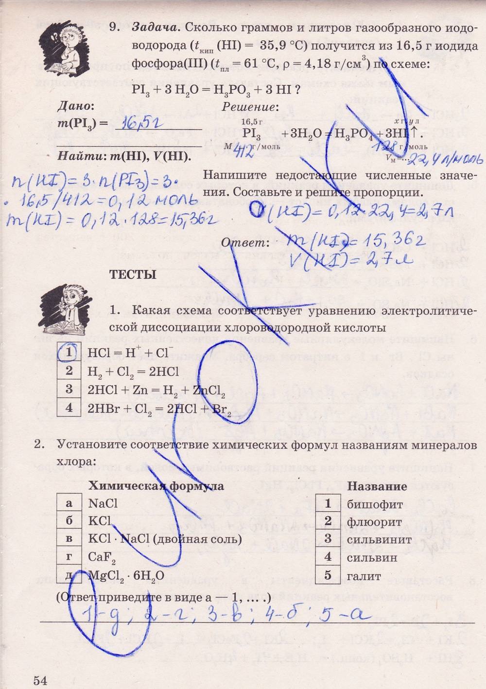 Рабочая тетрадь. К учебнику О.С. Габриелян, 9 класс, Микитюк А.Д., 2012, задание: стр. 54