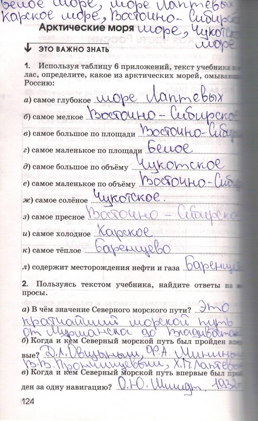 Рабочая тетрадь. География России. Хозяйство и географические районы, 9 класс, Ким Э.В. Марченко Н.А. Низовцев В.А., 2010, задание: стр. 124